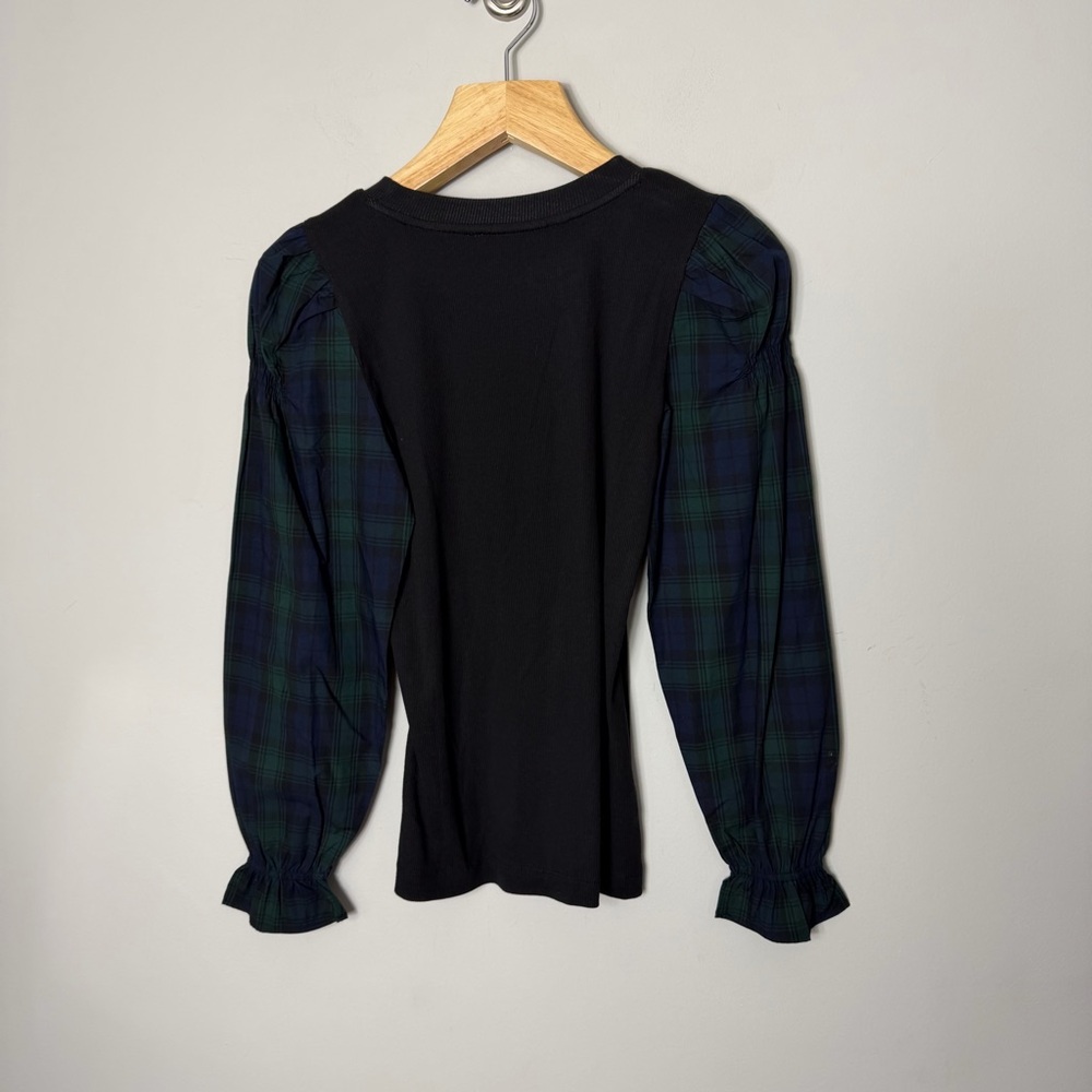 NEW LOFT Mixed Media Plaid Puff Sleeve Shirt Top Ribbed Bodice XS 621 - Picture 8 of 9